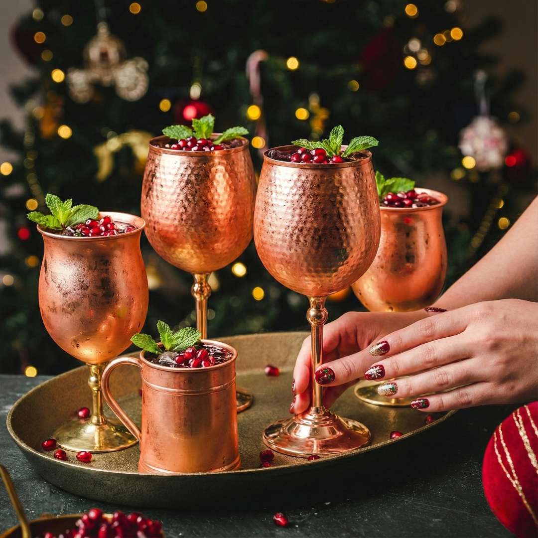 Des verres en cuivre martelé sur un plateau doré, prêts pour la dégustation lors d'un repas de fête Majorelle.