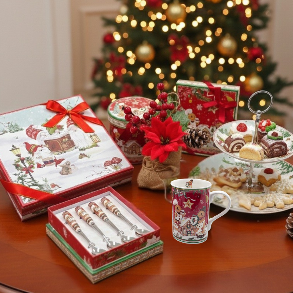 Ensemble de vaisselle de Noël comprenant un présentoir à gâteaux à deux étages, un coffret de cuillères décoratives, un mug et diverses boîtes cadeau festives.