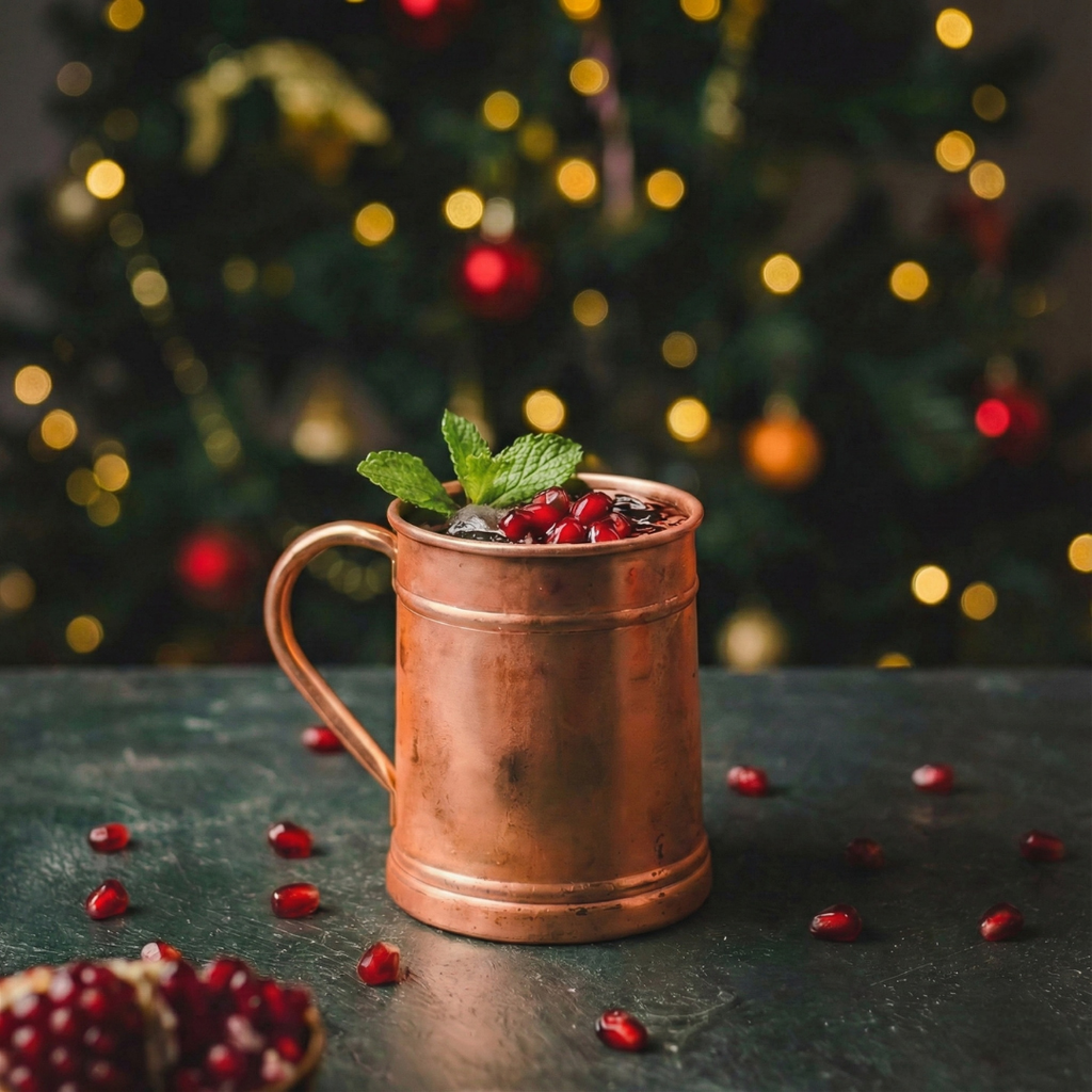 Mug en cuivre forme droite cylindrique rempli de cocktail et grenade, devant un sapin de Noël flou.
