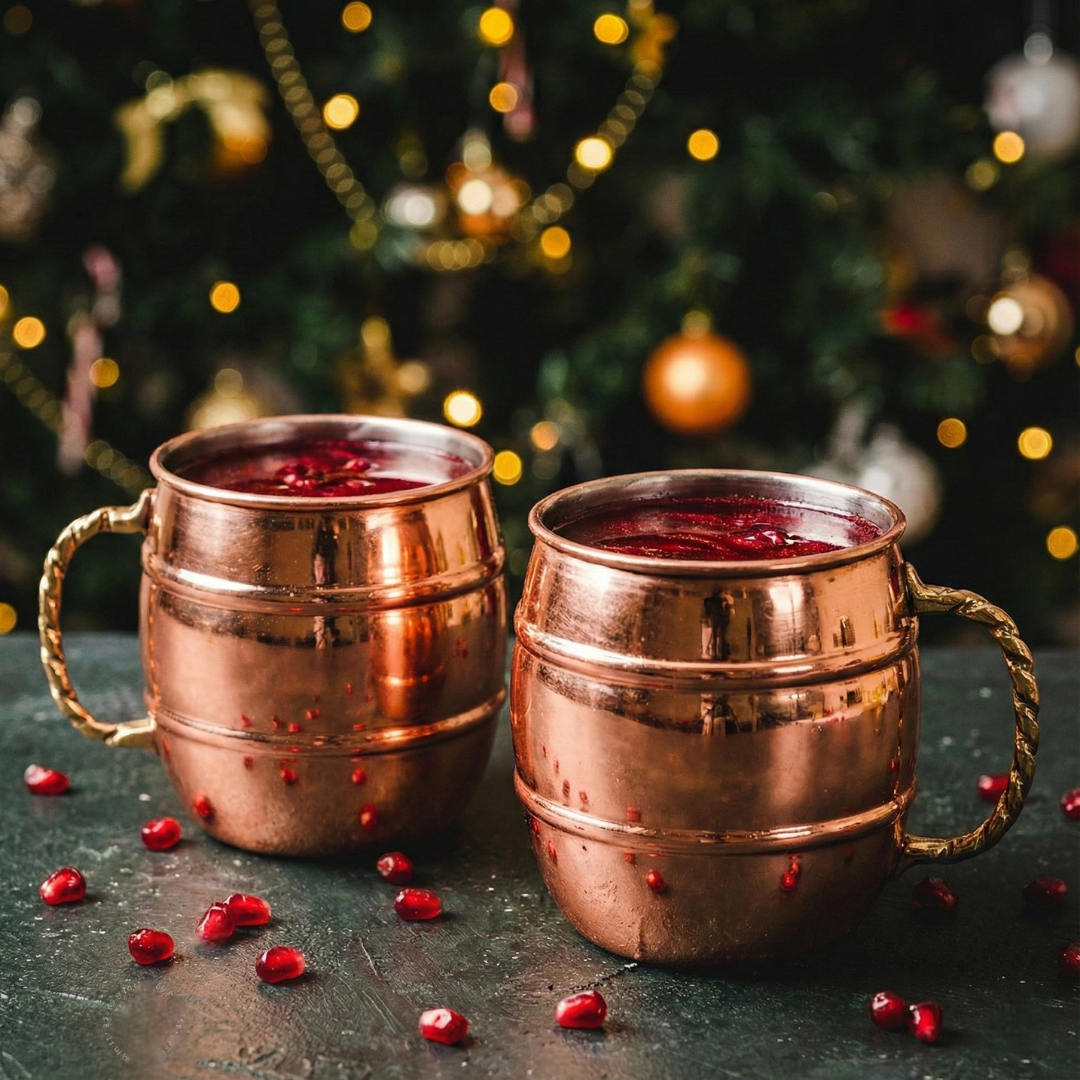 Mug en cuivre forme tonneau avec anse torsadée rempli de cocktail rouge, ambiance festive Noël (Vendu à l'unité).