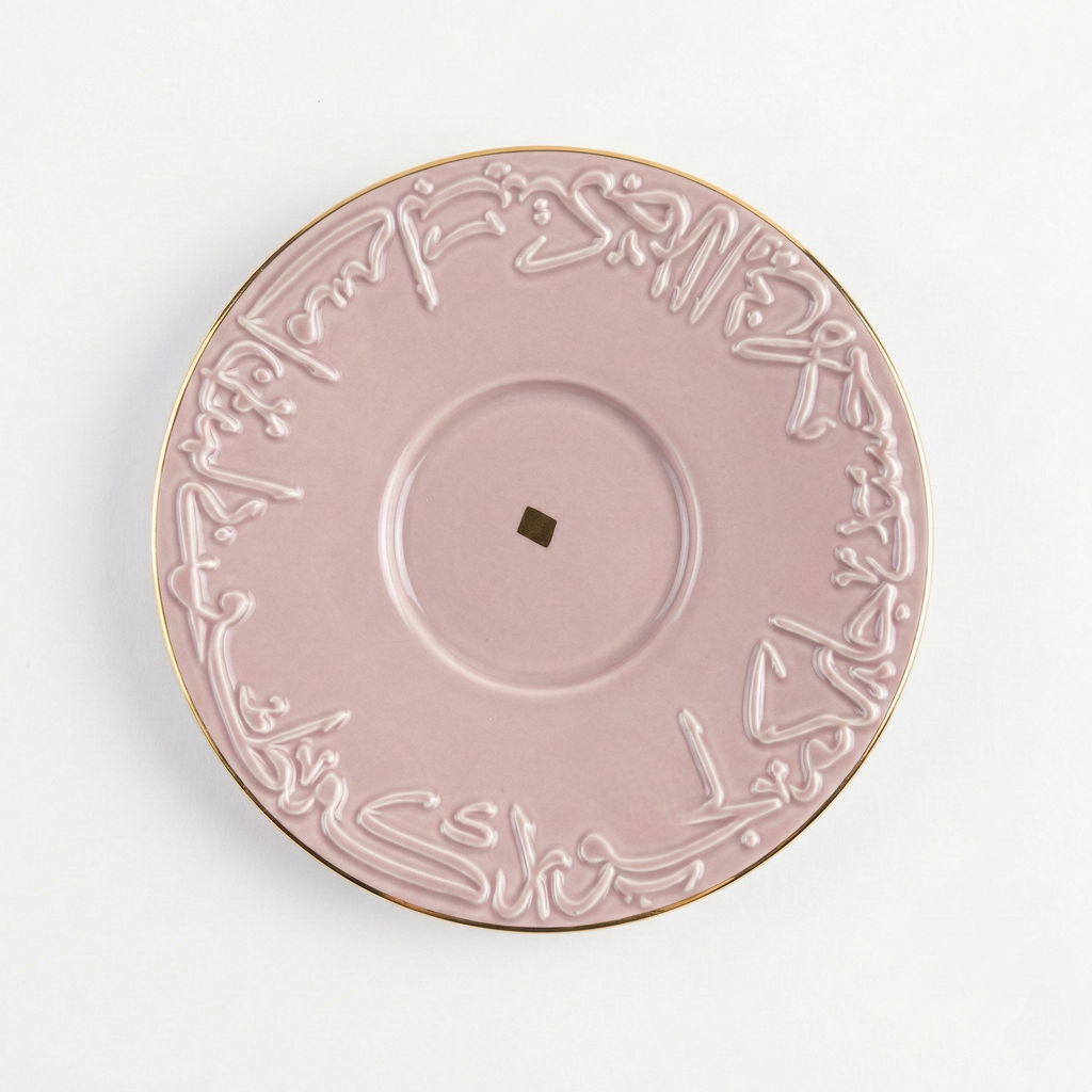 Soucoupe assortie en porcelaine rose avec bordure dorée et motifs calligraphiques arabes.