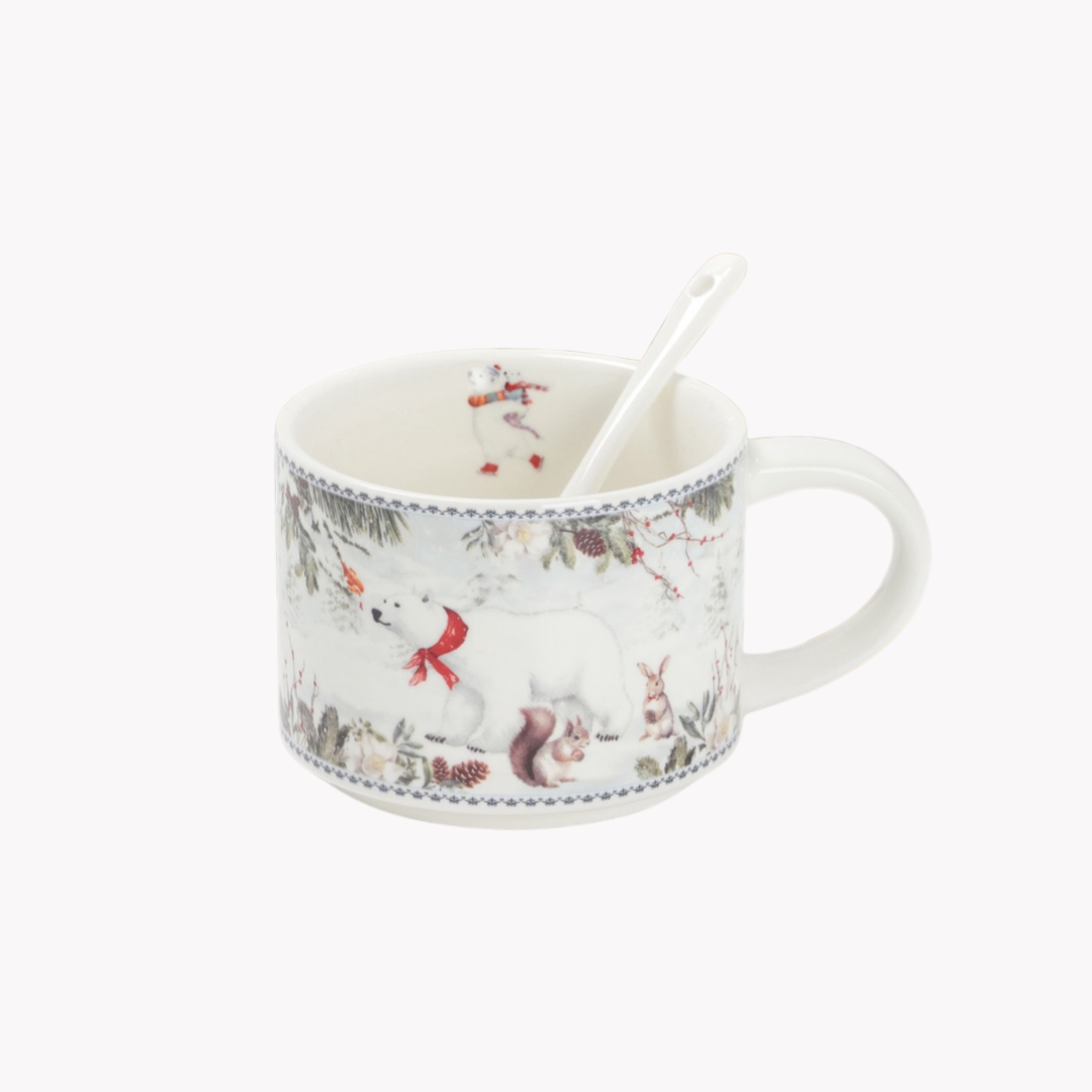 Tasse d’hiver 280 ml en céramique avec cuillère, motif ours polaire. Présentée en boîte cadeau. Parfaite pour offrir ou savourer vos boissons chaudes.