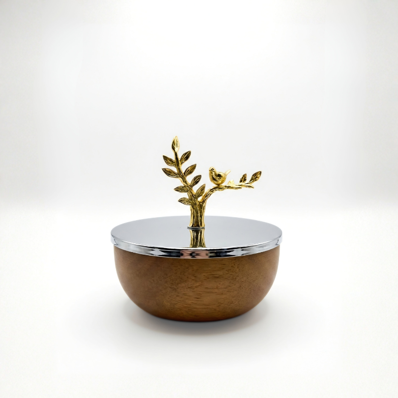 Bol en bois avec couvercle miroir en acier et poignée oiseau doré collection Bois Noble.