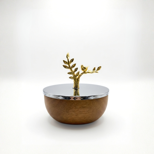 Bol en bois avec couvercle miroir en acier et poignée oiseau doré collection Bois Noble.