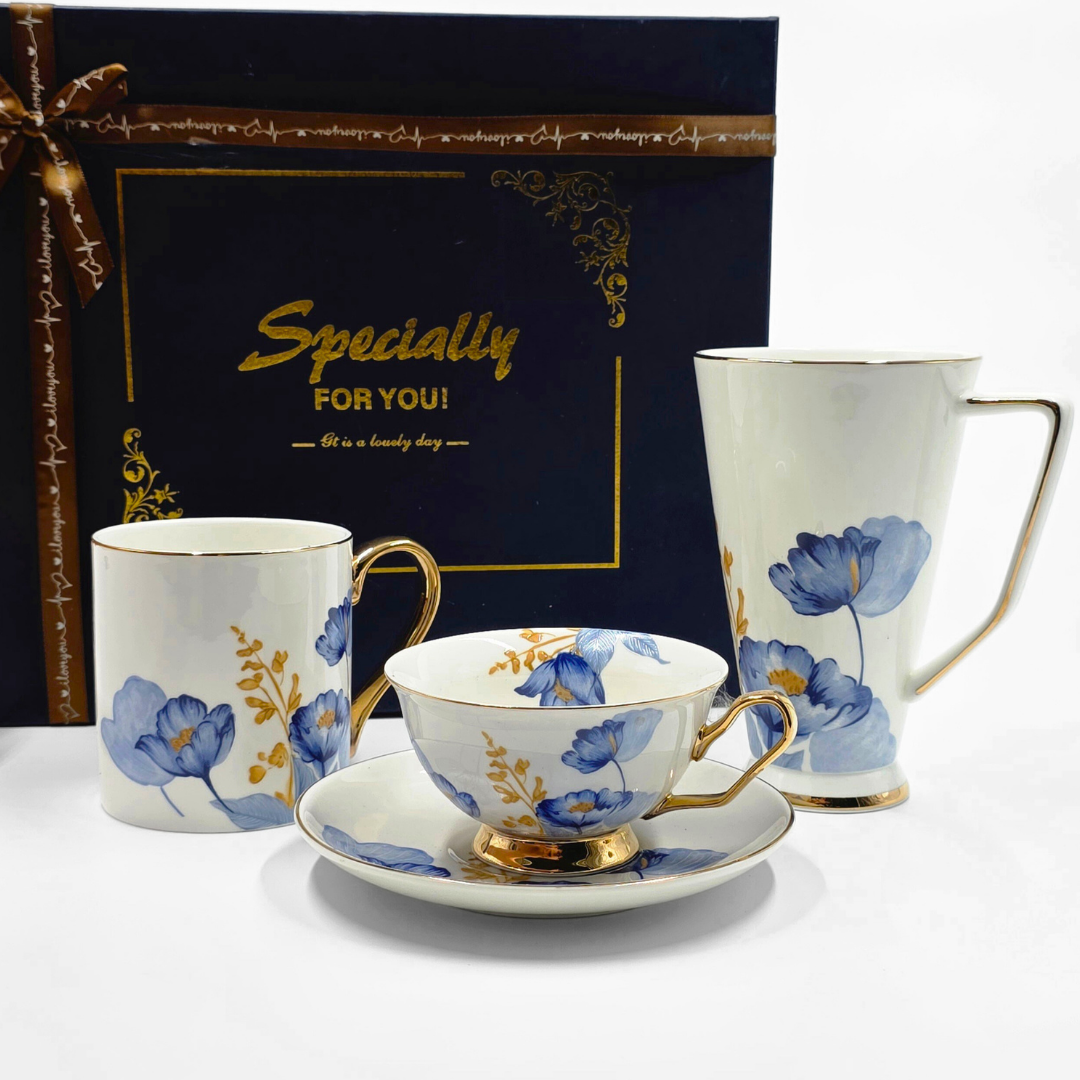 coffret cadeau blue luxury set 3 tasses et soucoupe majorelle decor floral bleu et or