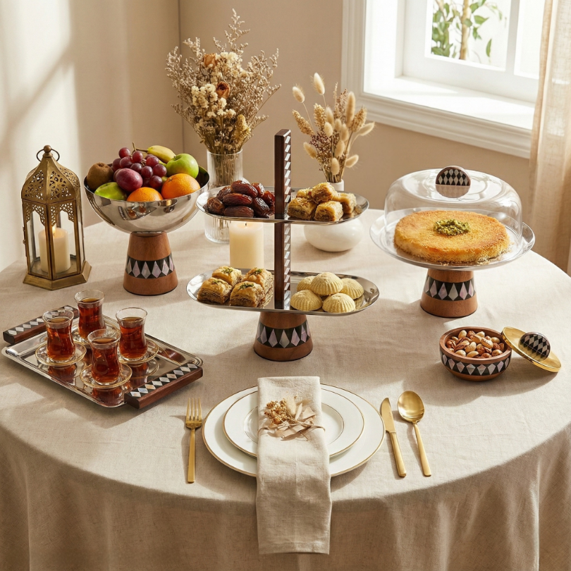 Ensemble de la collection Éclat de Nacre Majorelle : bol, plat à gâteau avec cloche et serviteur muet en acier miroir et bois à marqueterie géométrique, dans un décor de table de ramadan 