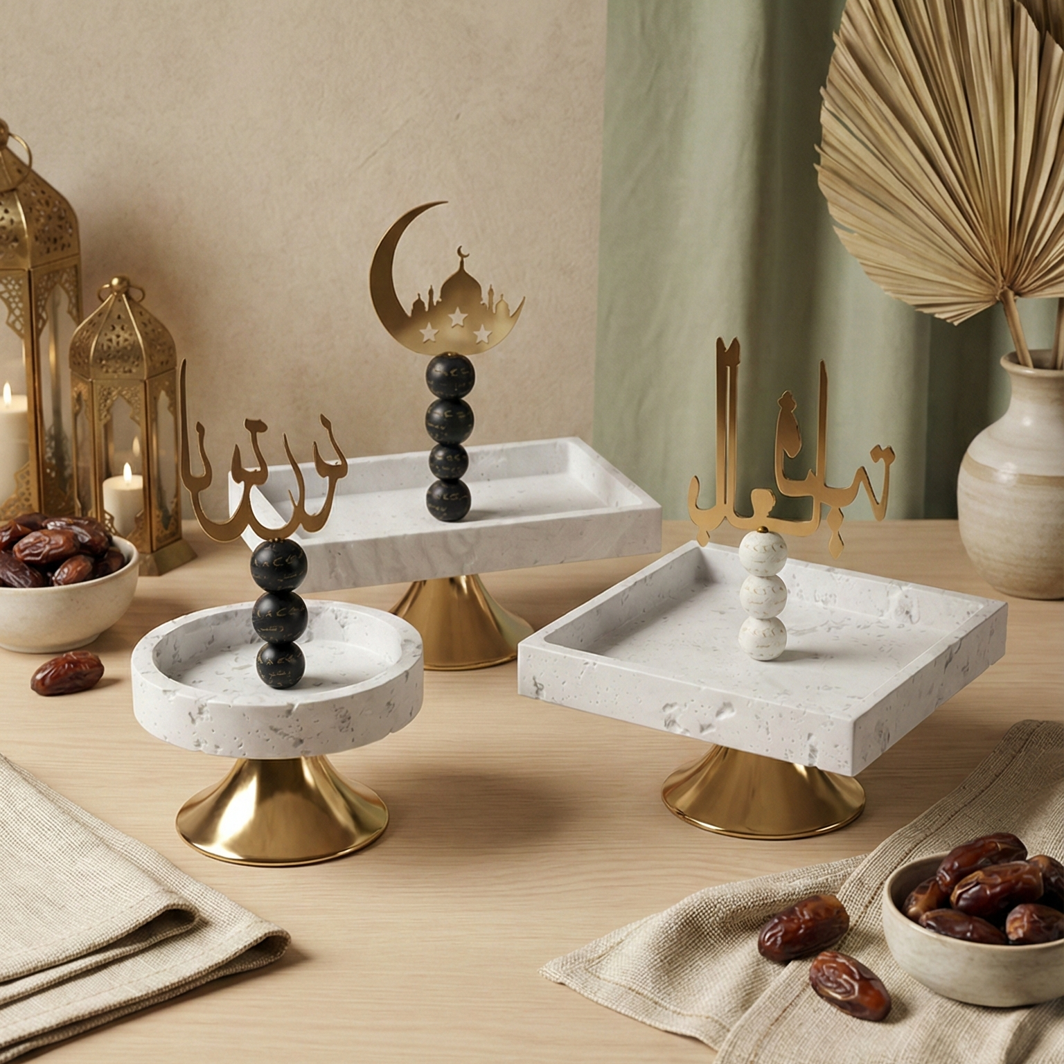 Trio de présentoirs en pierre blanche et or pour le Ramadan sur une table en bois avec lanternes.