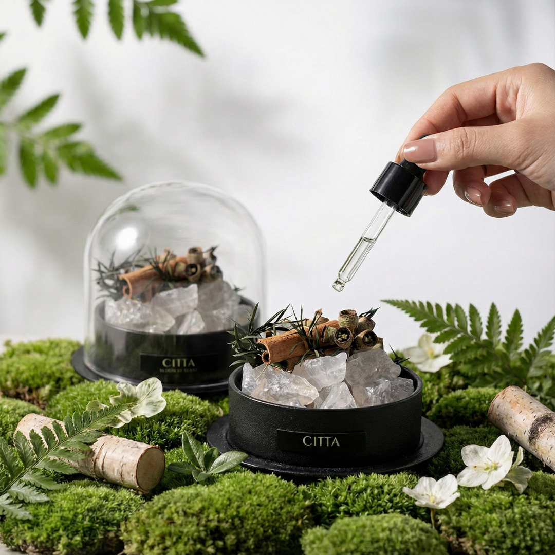 Diffuseur CITTA pierres blanches sous cloche en verre avec huile parfumée