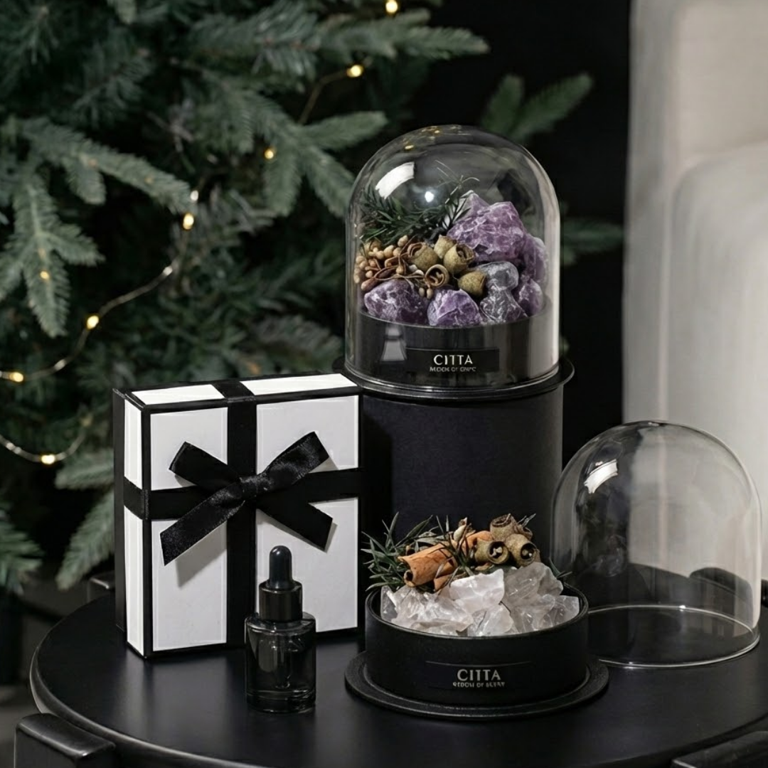 Set diffuseur CITTA pierres blanches et violettes avec cloche en verre décoration maison