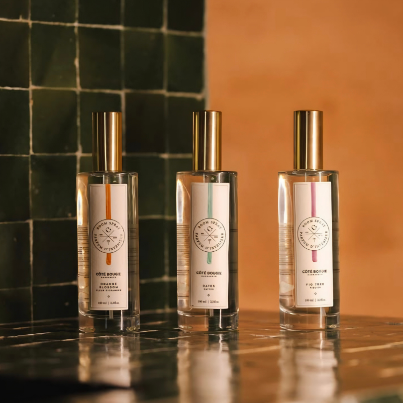 Collection de sprays d'ambiance artisanaux Côté Bougie : Fleur d'oranger, Dattes et Figuier.