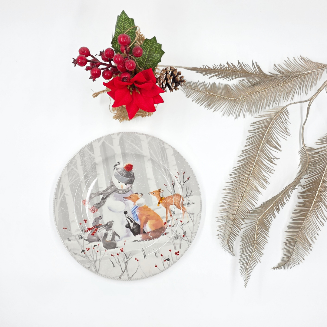 assiette decor hiver renard cerf lapin dans foret majorelle