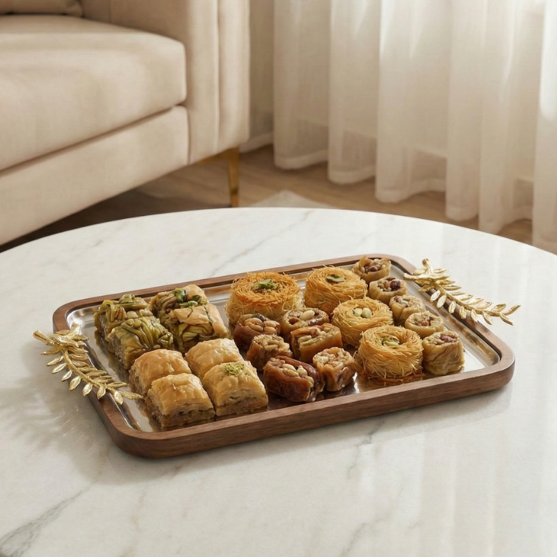 Plateau Majorelle garni de pâtisseries orientales et baklavas sur une table en marbre.