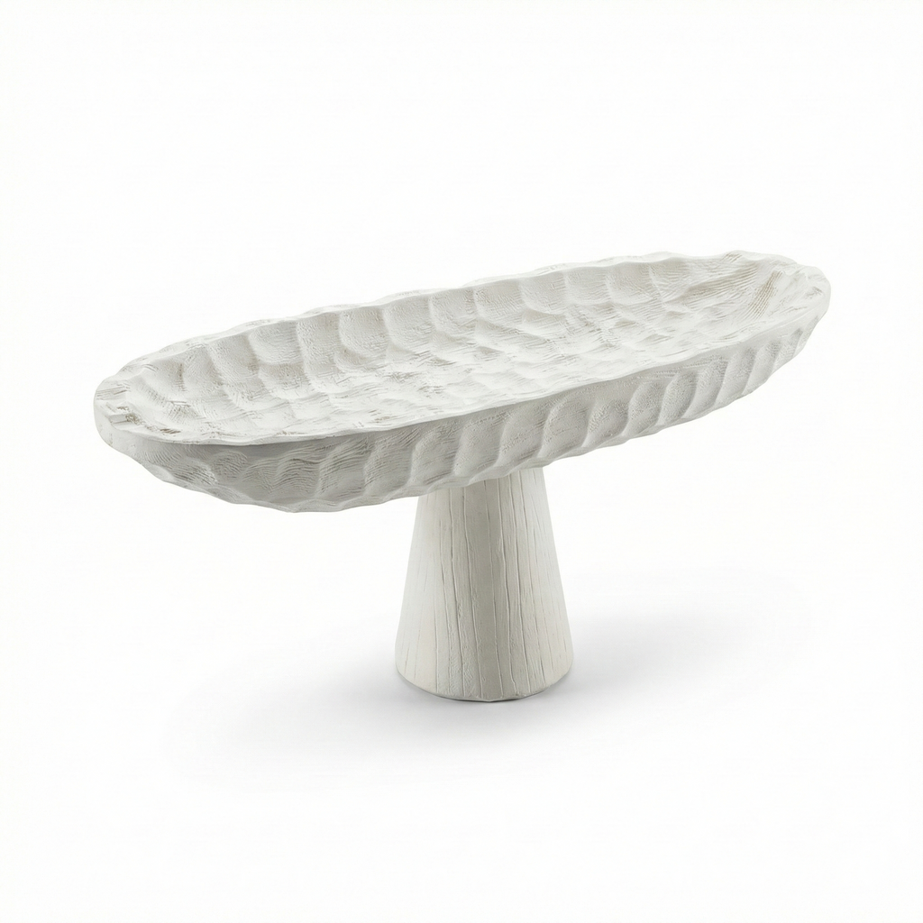 Présentoir ovale sur pied en bois blanc sculpté avec texture gaufrée collection bois gaufré Majorelle.
