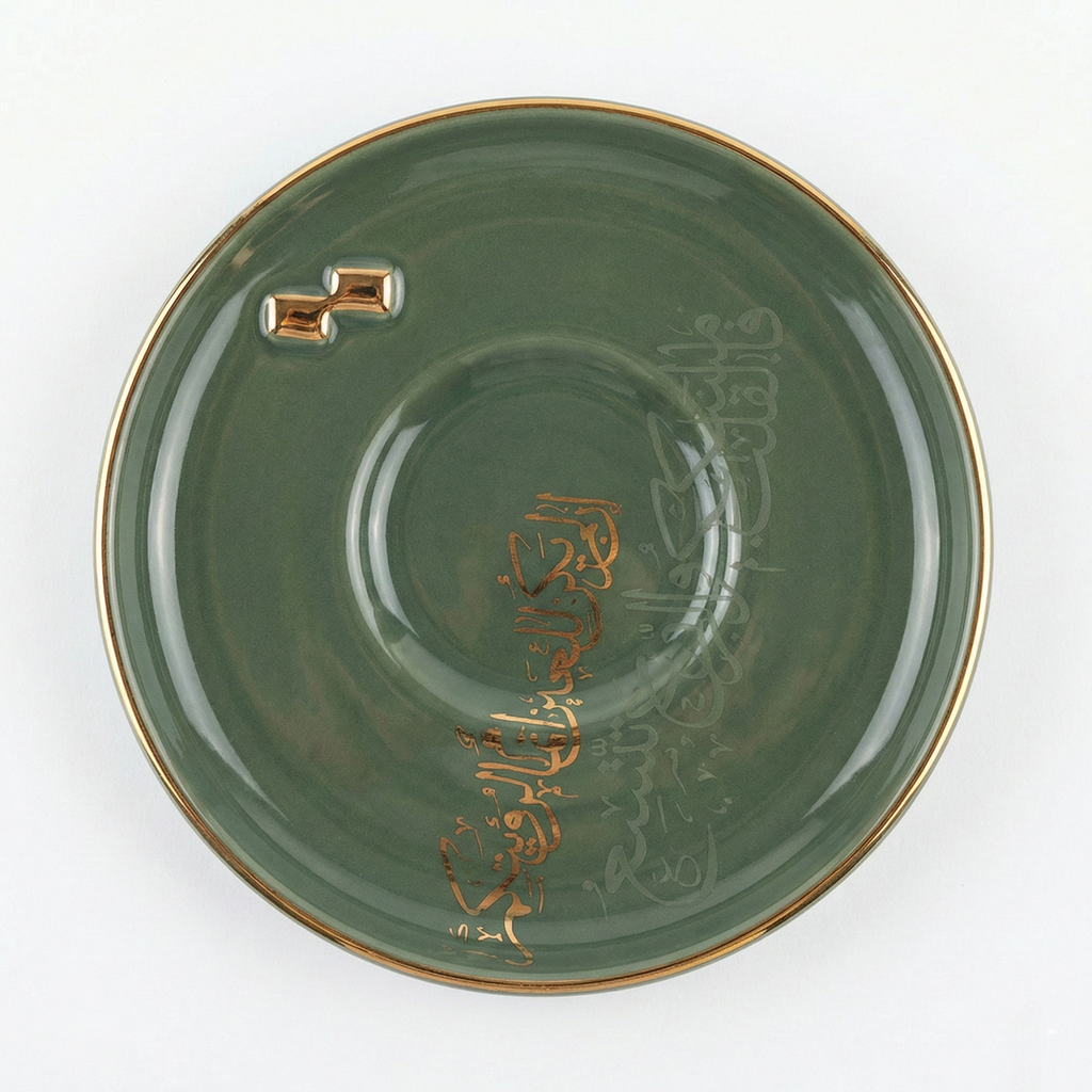 Détail d'une soucoupe vert émeraude avec calligraphie arabe en relief dorée et bordure or.