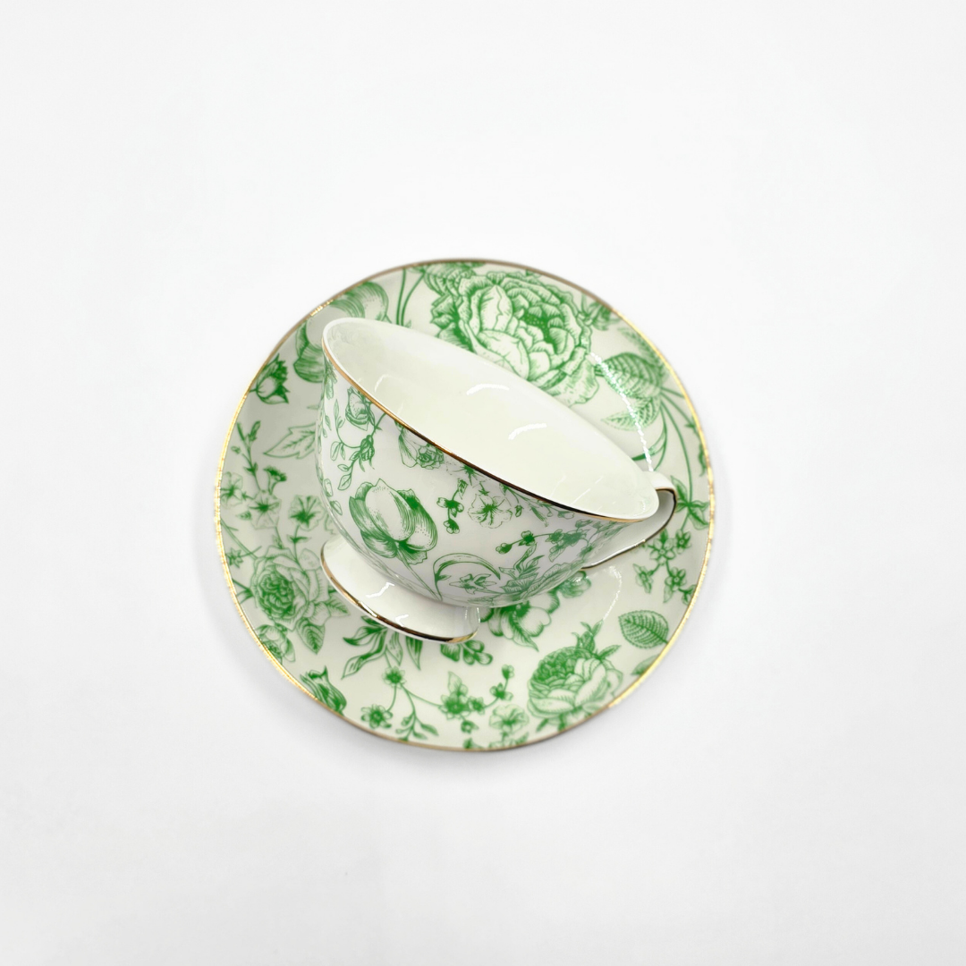 tasse porcelaine vert avec soucoupe motif floral raffine