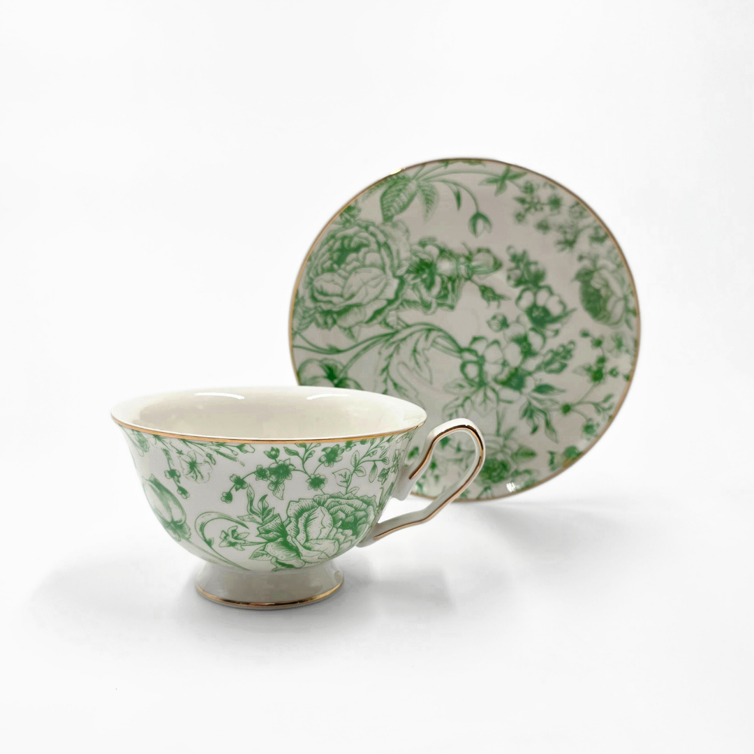 tasse porcelaine vert avec soucoupe motif floral raffine