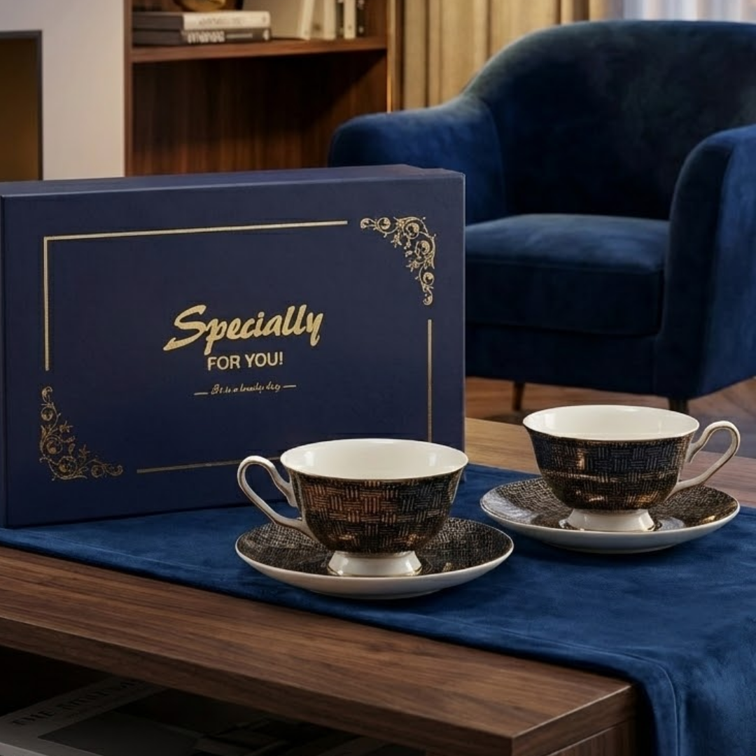 Duo de tasses noir et or en mise en scene deco avec coffret