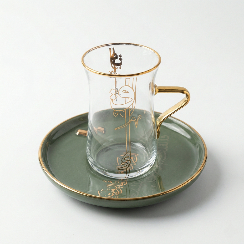 Verre à thé transparent avec anse dorée et soucoupe en porcelaine vert émeraude à motifs calligraphiques dorés.